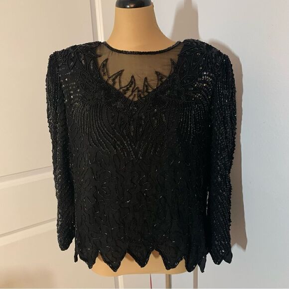 Denise Elle Silk Sequenced Black Long Sleeve Blouse - Picture 1 of 7